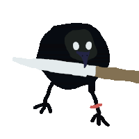 a drawing of a bird holding a knife in its beak