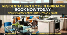 an advertisement for residential projects in gurgaon with a picture of a living room and kitchen