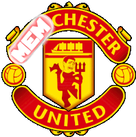 a red and yellow manchester united logo with a meme on it