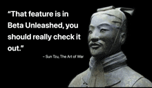 a quote from sun tzu is next to a picture of a statue