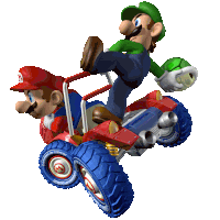 mario and luigi are riding a vehicle that says mario on the front