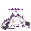 a pixel art drawing of a girl laying on her back with a purple stripe above her head .