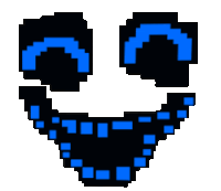 a pixel art drawing of a face with blue eyes