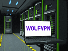 a laptop with wolfvpn written on the screen in a server room