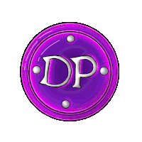 a purple coin with the letter dp inside