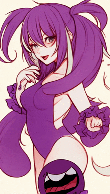 a drawing of a girl with purple hair and a purple bodysuit