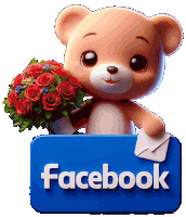 a teddy bear is holding a bouquet of red roses next to a facebook button