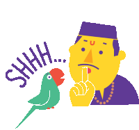 a cartoon of a man holding his finger to his mouth and a green parrot saying shhh