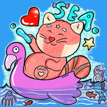 a drawing of a cat floating on a flamingo float with the word sea written above it