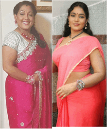 a woman in a pink saree smiles next to another woman