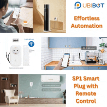 a collage of photos with the words effortless automation sp1 smart plug with remote control at the top