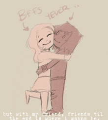 a drawing of a girl hugging another girl with the words " bffs ever " written above them