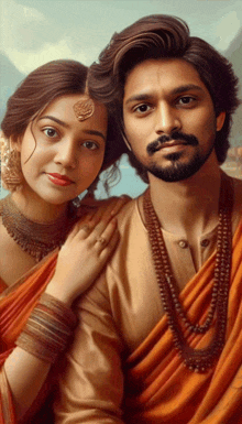 a man and a woman are posing for a picture and the woman is wearing a headpiece