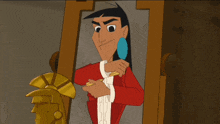 a cartoon character in a red jacket is looking at himself in a mirror