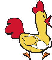 a cartoon rooster with a red tail and a white bra