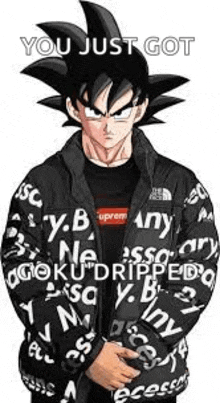 goku from dragon ball z is wearing a supreme jacket and a black shirt .