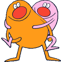 two cartoon characters are hugging each other and one has a red nose