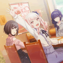 three anime girls are sitting at a table in front of a sign that says ' strawberry '