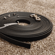 a black leash is laying on a carpet with a metal hook