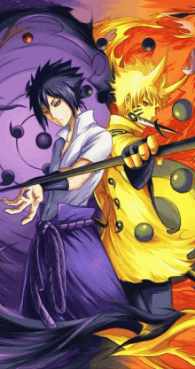 a drawing of sasuke and naruto with a purple and yellow background