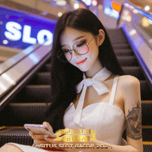 a woman wearing glasses is sitting on an escalator looking at her phone with situs slot gacor 2024 written on the bottom