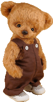 a brown teddy bear wearing overalls and sneakers