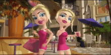 two cartoon girls are standing next to each other in a shopping mall