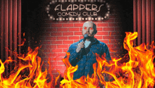 a man is giving a speech in front of a sign that says flappers comedy club