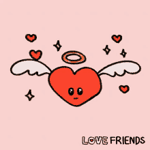 a cartoon drawing of a heart with wings and a halo and the words love friends below it