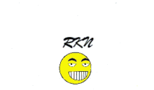 a yellow smiley face with a big smile and the word rrn written above it .