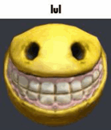 a close up of a yellow smiley face with big teeth and a mouth .