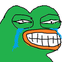 a cartoon frog with a big smile and tears coming out of its mouth .