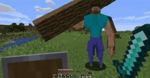 a man is carrying a large log on his back in a minecraft game .