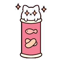 a cartoon cat is sitting on top of a pink can of fish and pretzels .