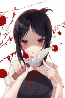 a girl is holding a knife in front of her face with blood on the background