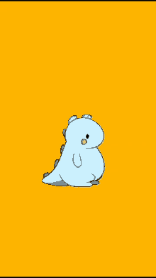 a cartoon of a blue dinosaur sitting on a yellow background .