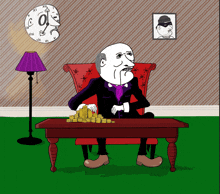 a cartoon of a man sitting in a chair with a table full of coins