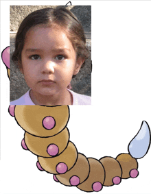 a picture of a little girl next to a picture of a cartoon caterpillar