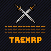 a logo for trexrp with two crossed swords on a dark background