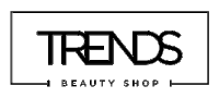 the trends beauty shop logo is black and white