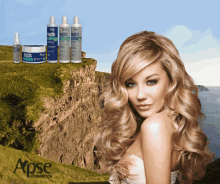 a woman with blonde hair is standing in front of a cliff and a bottle of blonde treatment