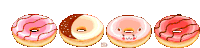 a pixel art drawing of four donuts with a face on them