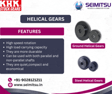 an advertisement for seimitsu helical gears features high speed rotation high load carrying capacity and non-parallel shafts