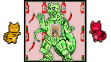 a pixel art of a green monster with a picture of a dog on it