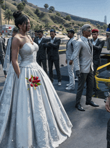 a bride in a wedding dress holding a bouquet of red flowers