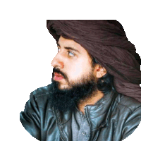 a man with a beard wearing a leather jacket and a brown turban