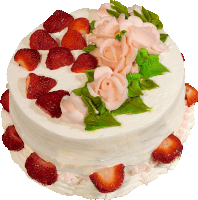 a white cake with strawberries and pink roses on top