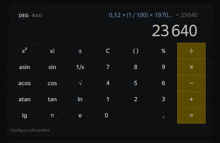 a calculator with the number 23640 at the top of the screen