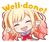 a cartoon girl with long blonde hair is laughing and says well done !