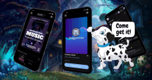 a dalmatian dog is standing in front of a phone that says come get it